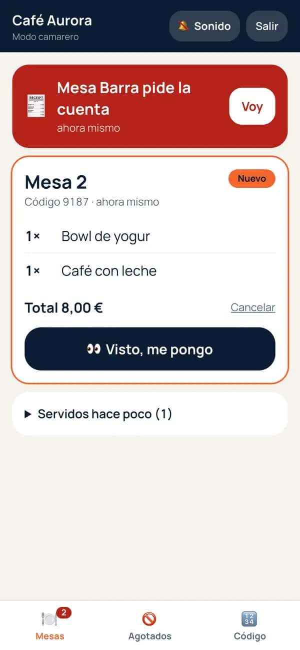 Modo camarero con avisos de mesa y un pedido nuevo