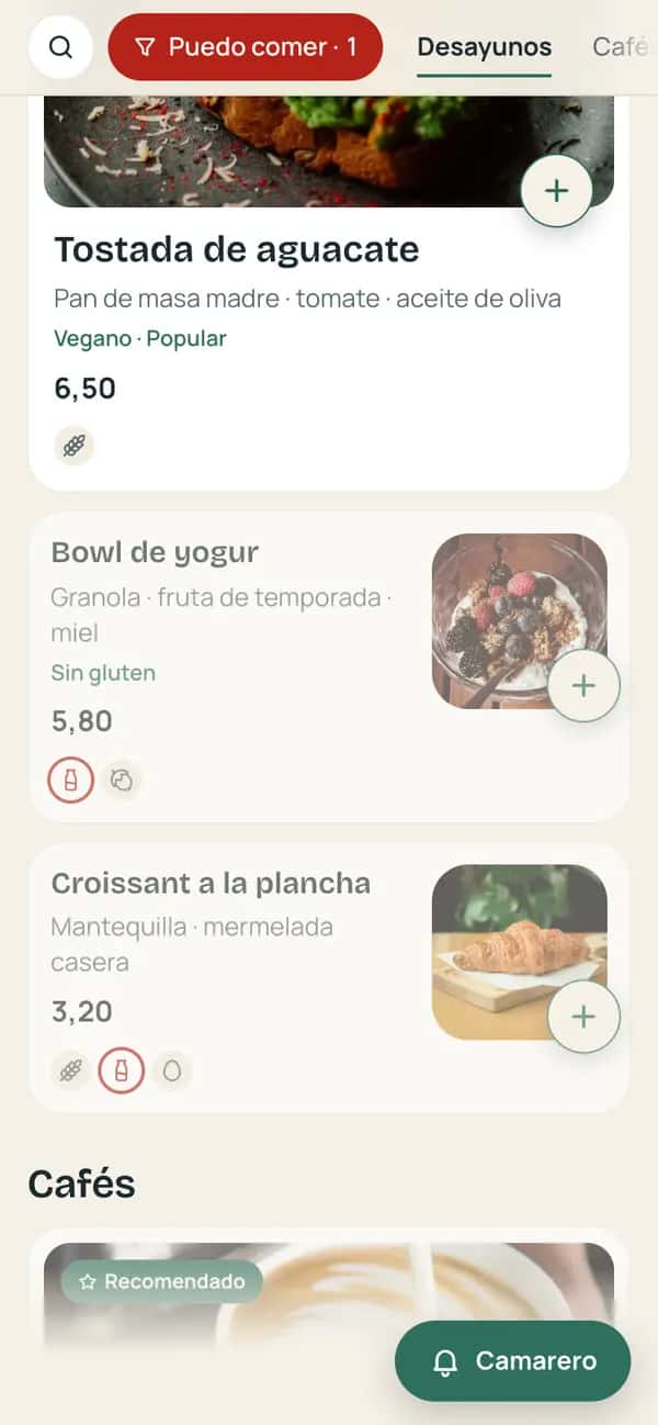 Carta con el filtro «Puedo comer» y los pictogramas de alérgenos