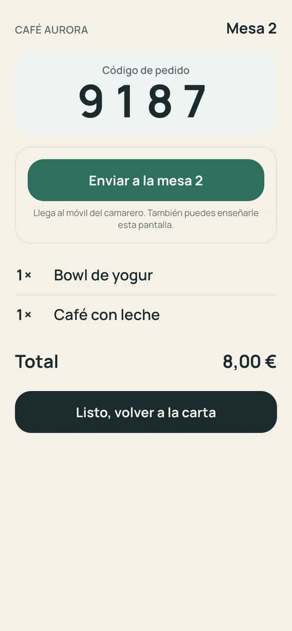 Pedido preparado en el móvil con su código de 4 cifras para el camarero