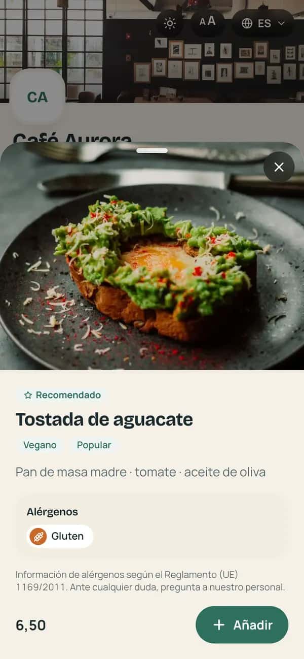 Ficha de un plato con la foto grande, el precio y sus alérgenos
