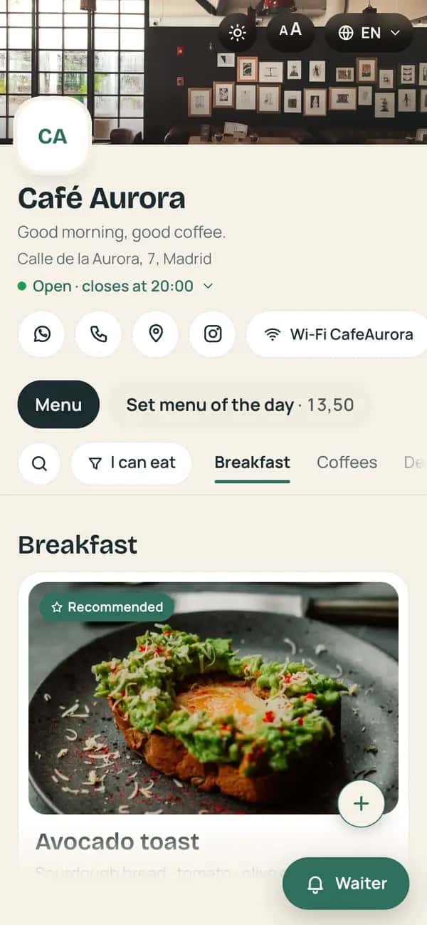 La carta de una cafetería en inglés