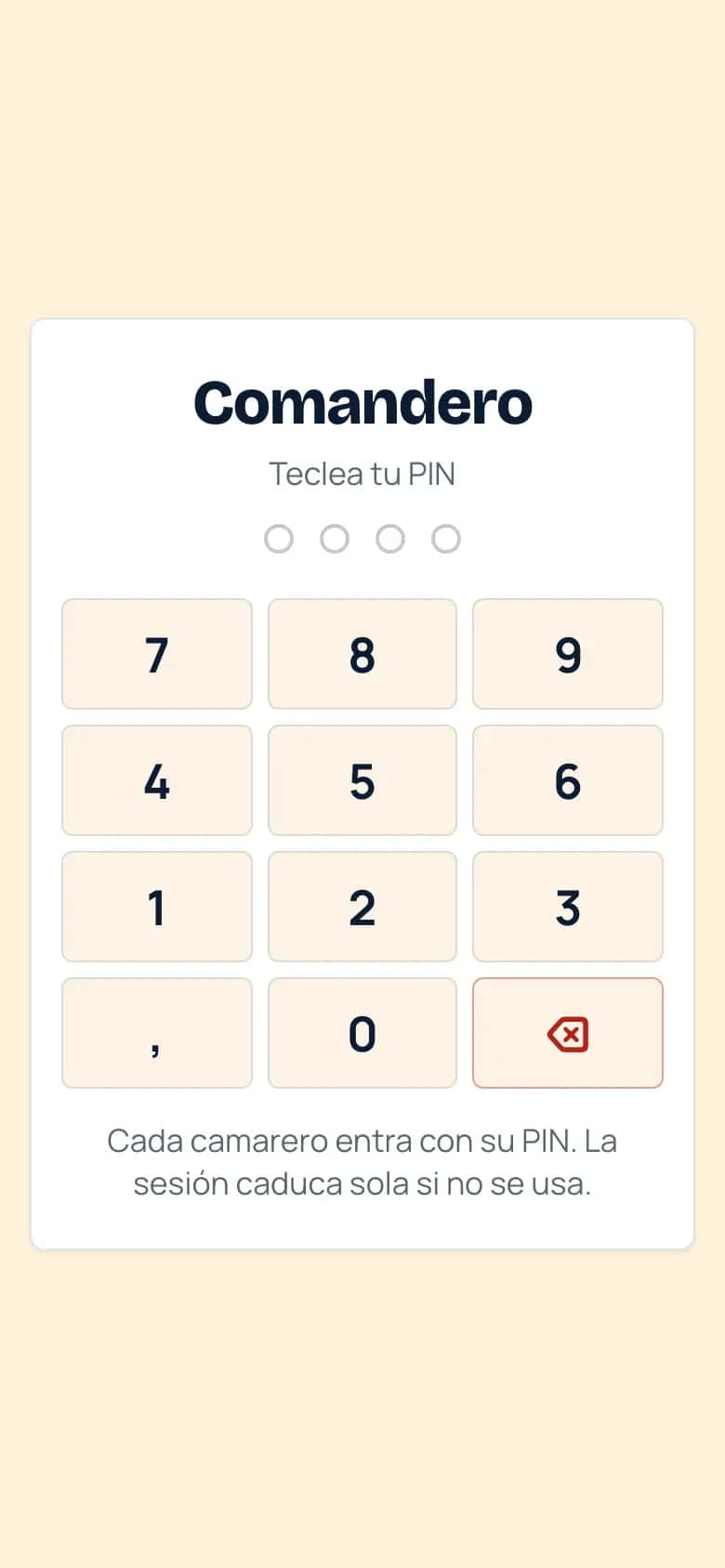 Comandero en el móvil: entrada con el PIN del camarero