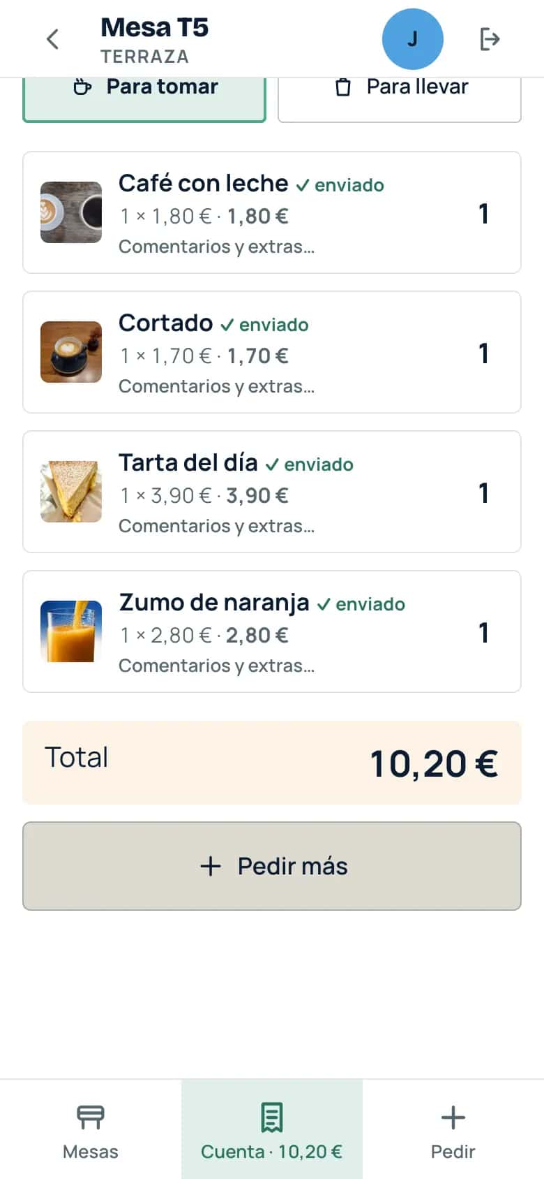Comandero en el móvil: cuenta de una mesa de la terraza