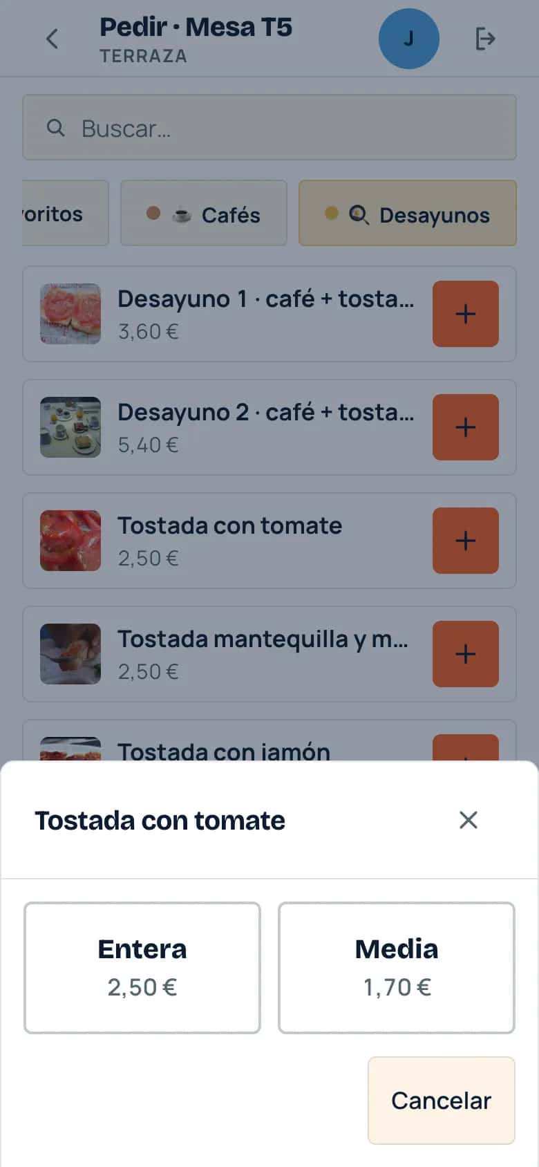 Comandero en el móvil: elegir tostada entera o media