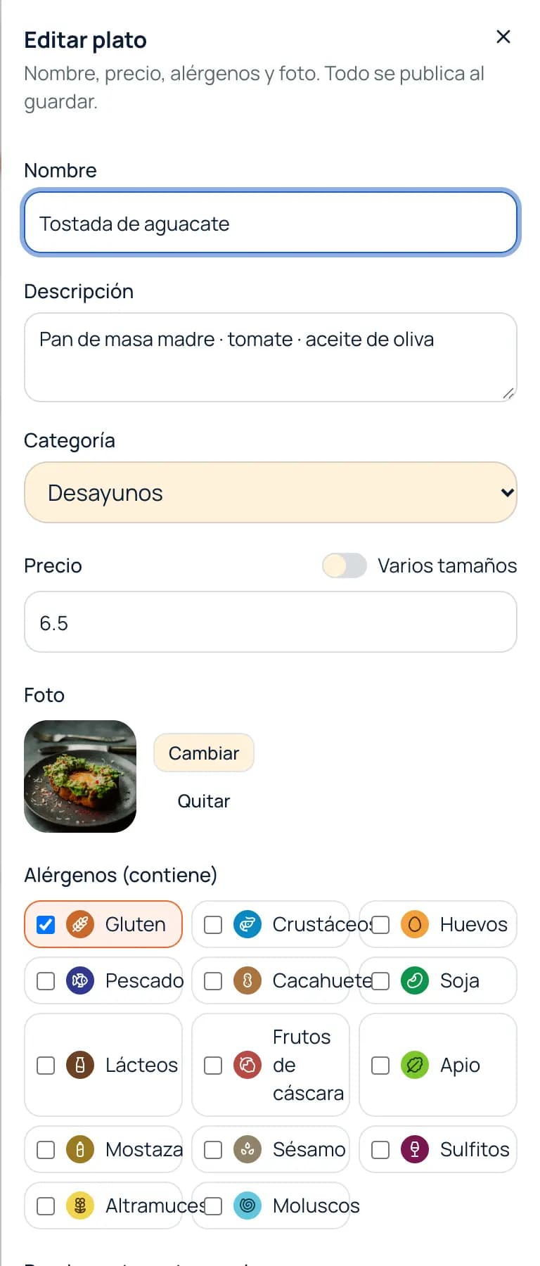 Editar plato: los 14 alérgenos para marcar con un toque