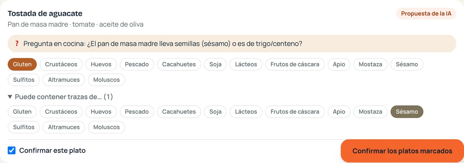 Alérgenos: propuesta de la IA con la pregunta para cocina y «Confirmar este plato»