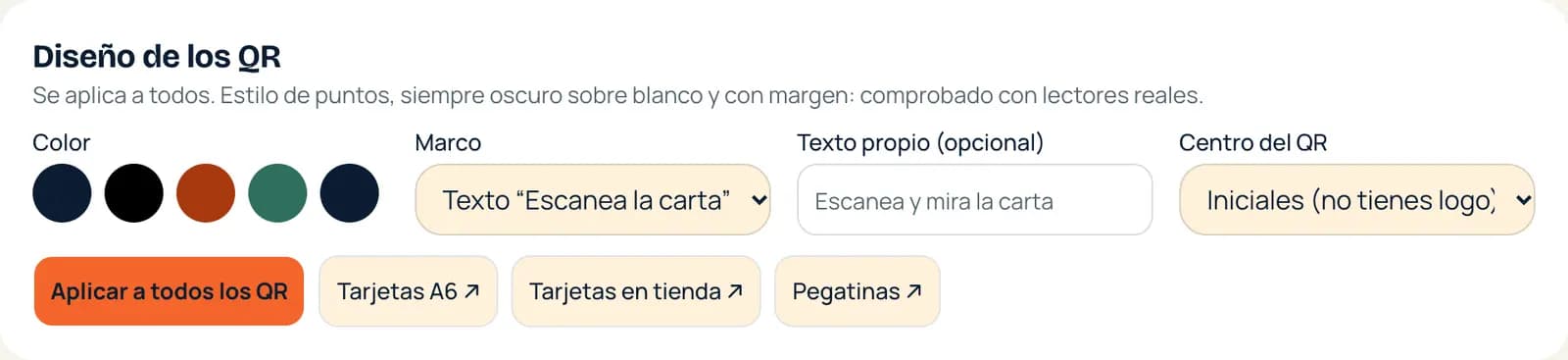 Diseño de los QR: color, marco, texto y centro (logo, iniciales o nada)