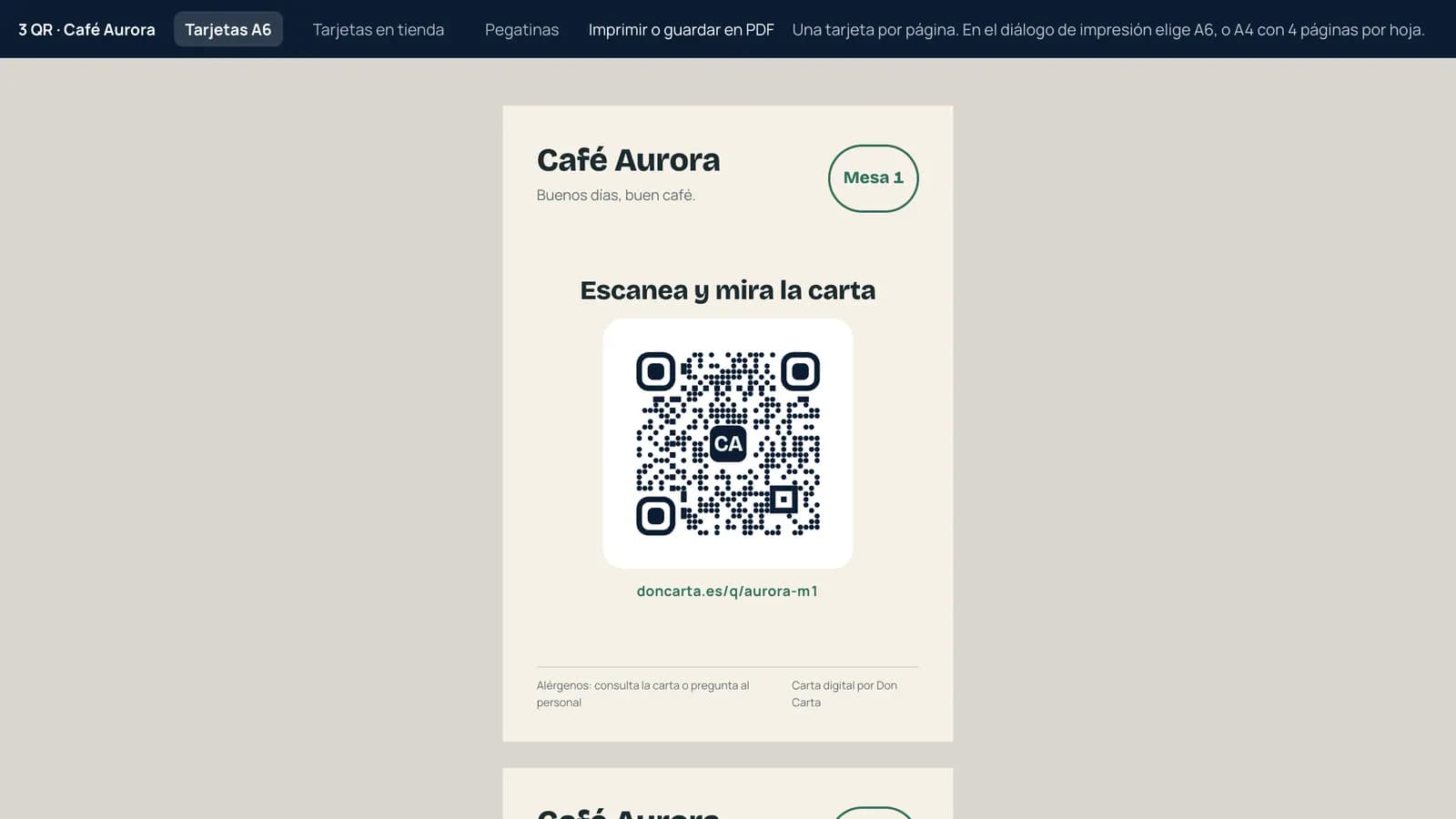 Impresión de tarjetas A6 con el QR, el nombre del local y la mesa