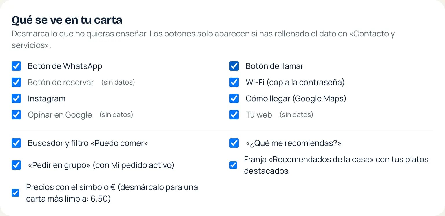 «Qué se ve en tu carta»: botones y bloques que puedes mostrar u ocultar