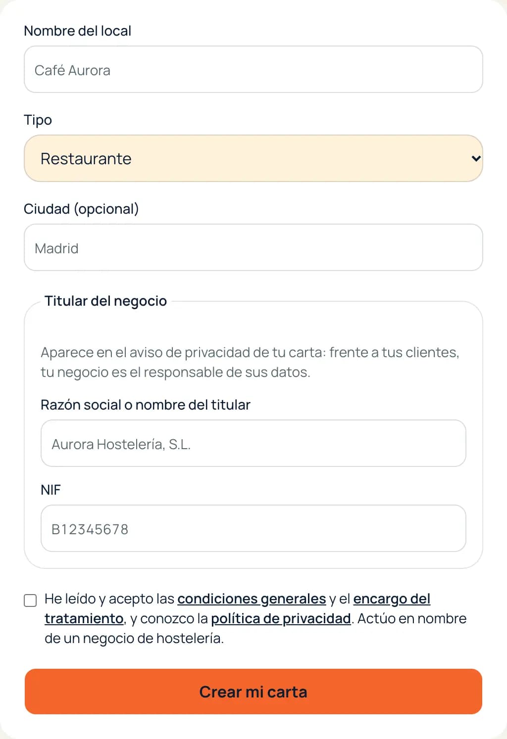 Formulario para crear tu local: nombre, tipo, ciudad, titular y NIF