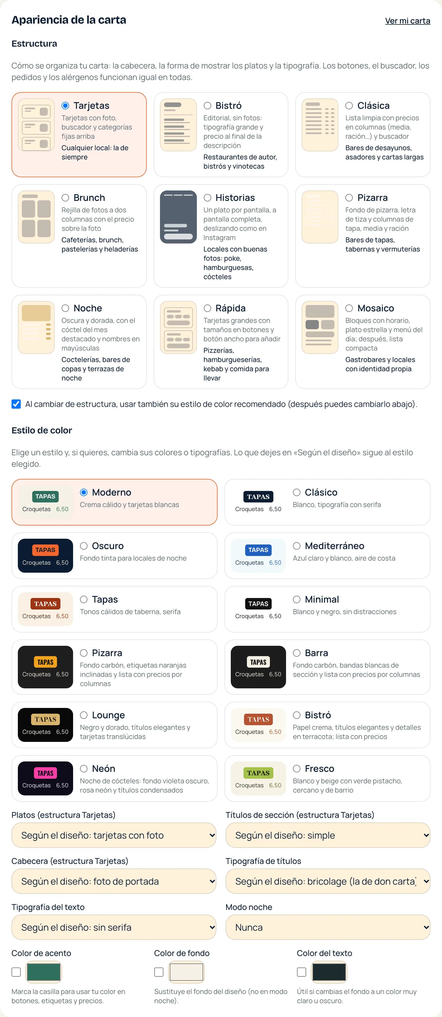 Configuración → Apariencia de la carta: estructuras y estilos de color