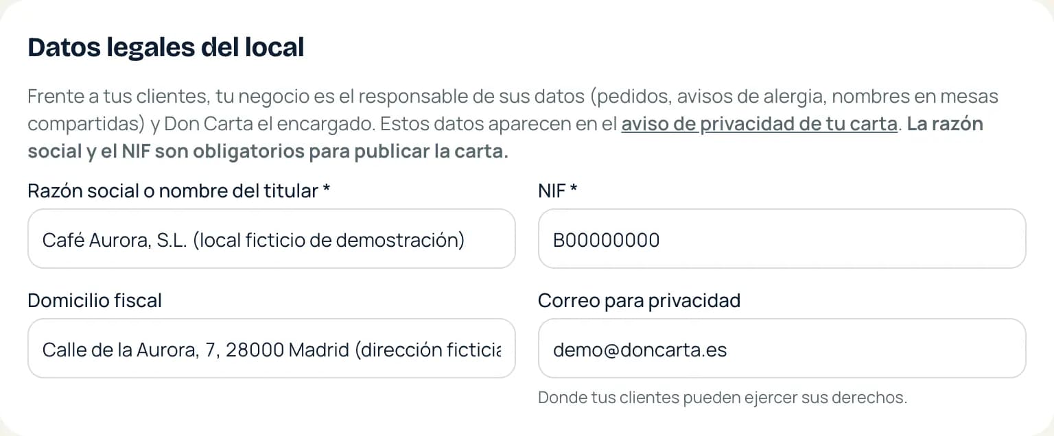 Datos legales del local: razón social, NIF, domicilio y correo