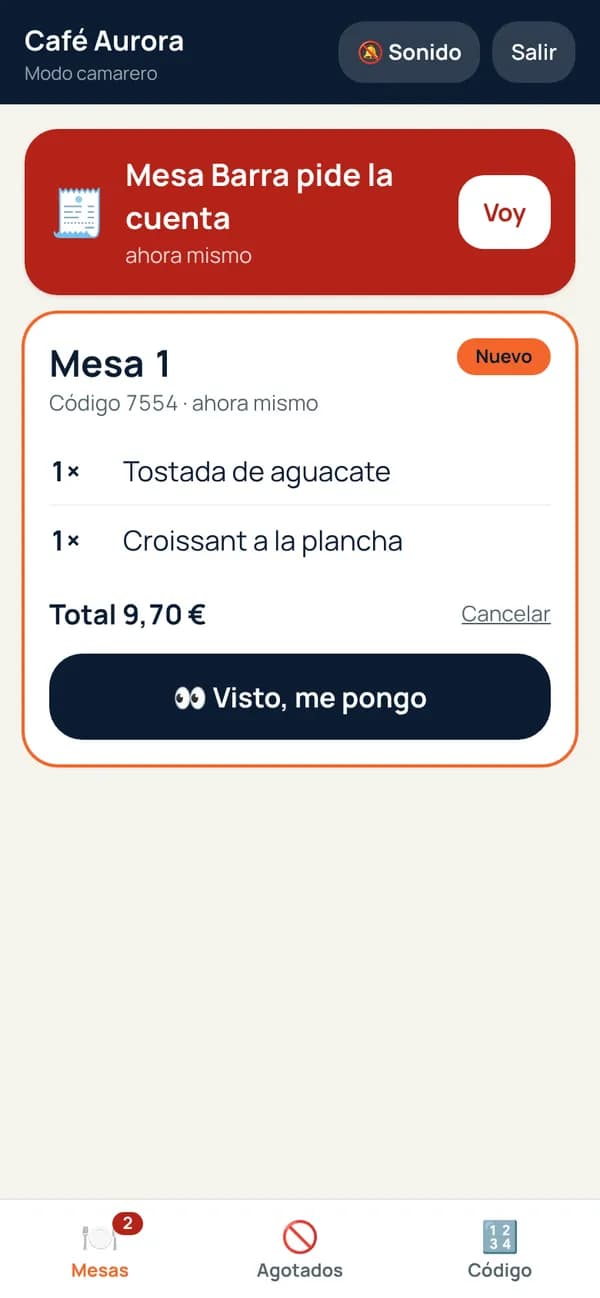 Modo camarero: la mesa Barra pide la cuenta y llega un pedido nuevo de la mesa 1