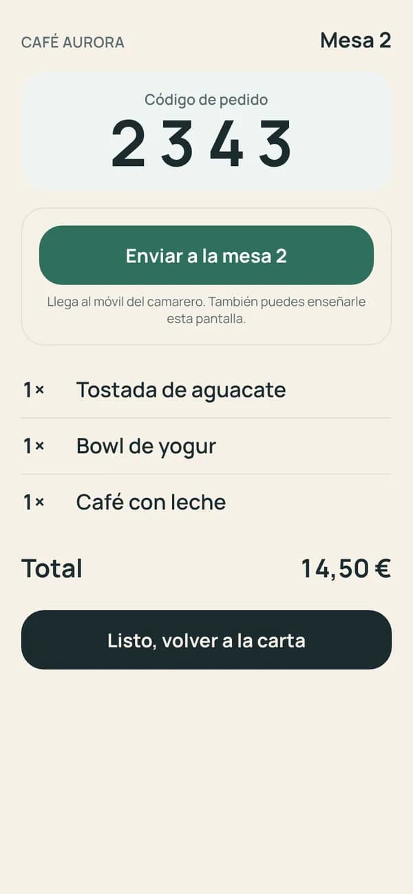 Pantalla con el código de pedido 2343 para la mesa 2 y la lista de platos