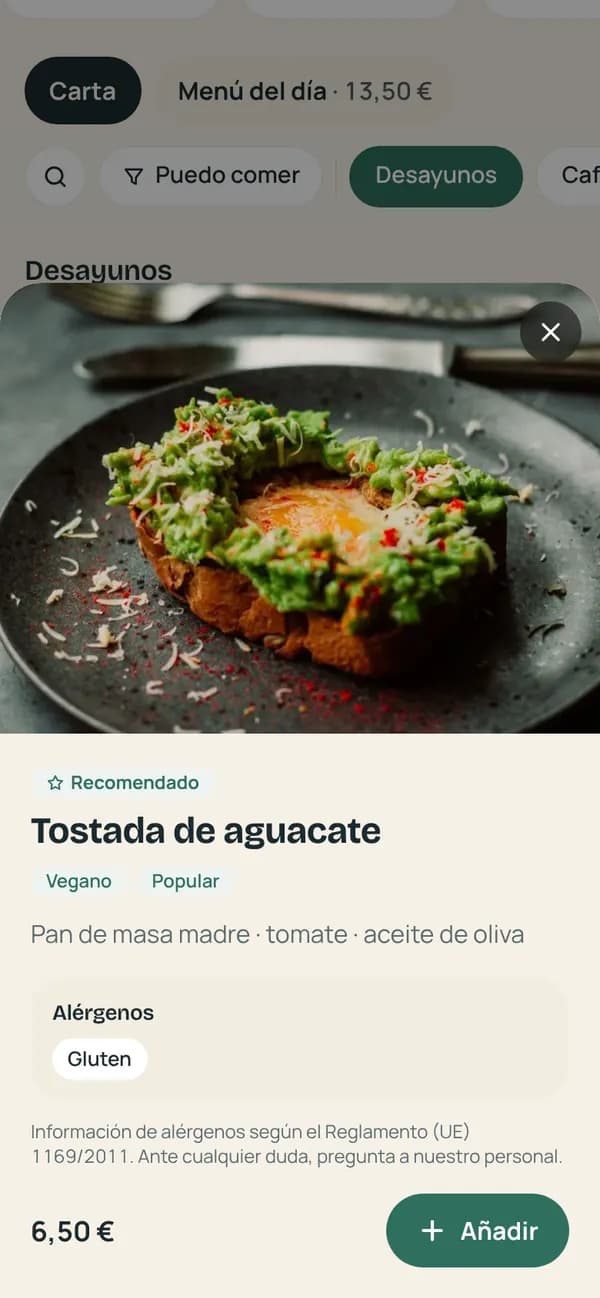 Ficha de un plato en la carta digital