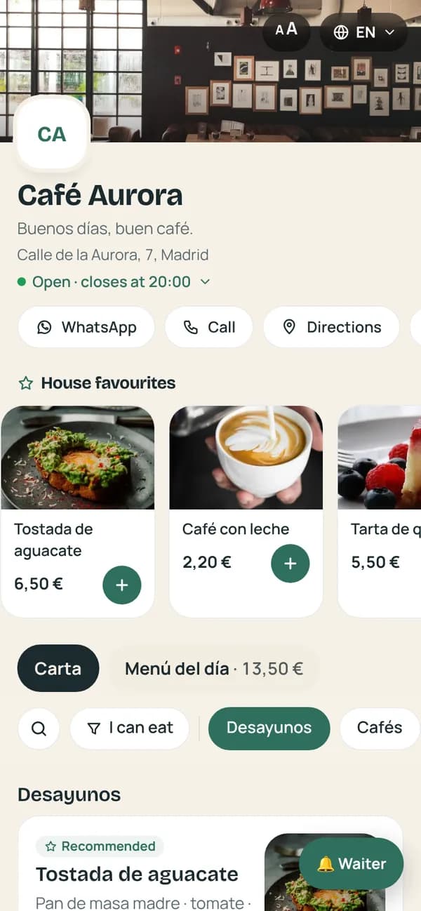 La misma carta en inglés: House favourites, Open · closes at 20:00