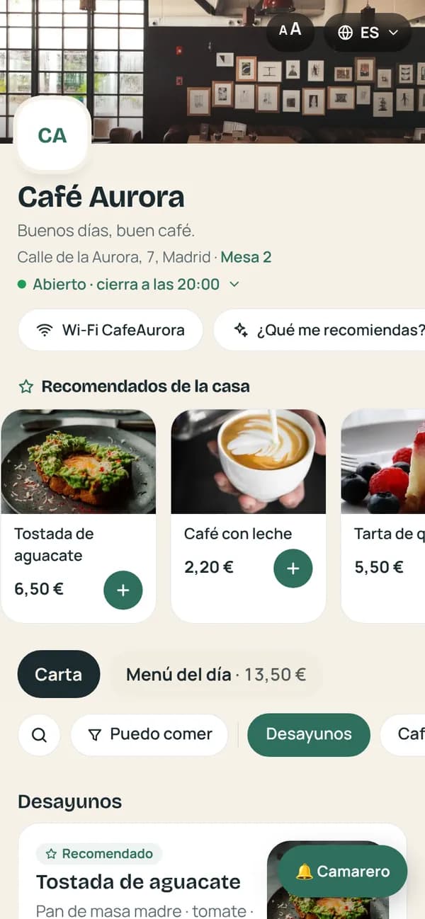 Carta digital de una cafetería en el móvil