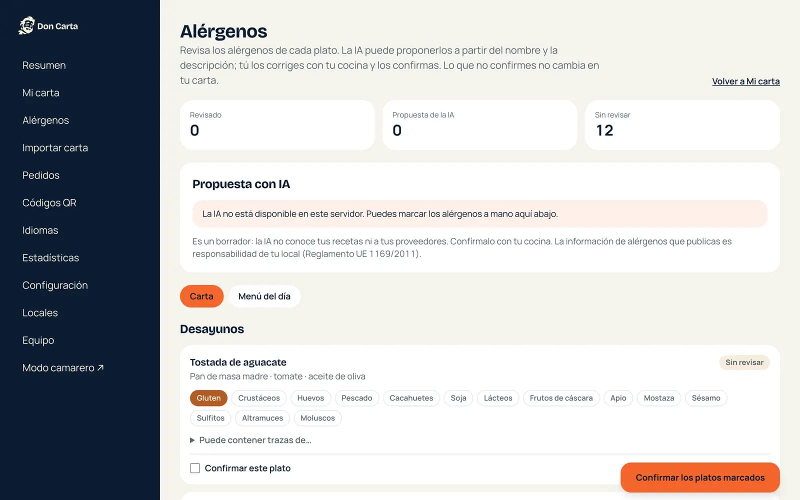 Panel de alérgenos con la propuesta de la IA para revisar y confirmar