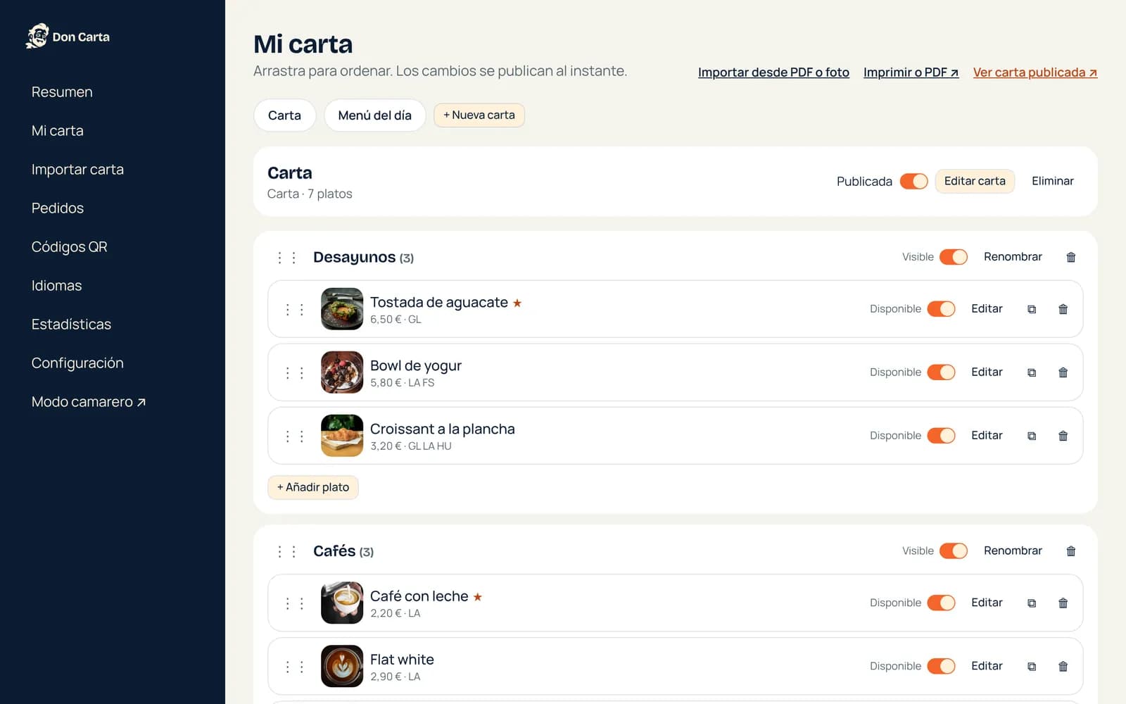 Editor de la carta: categorías y platos con foto, precio, alérgenos e interruptor de disponible