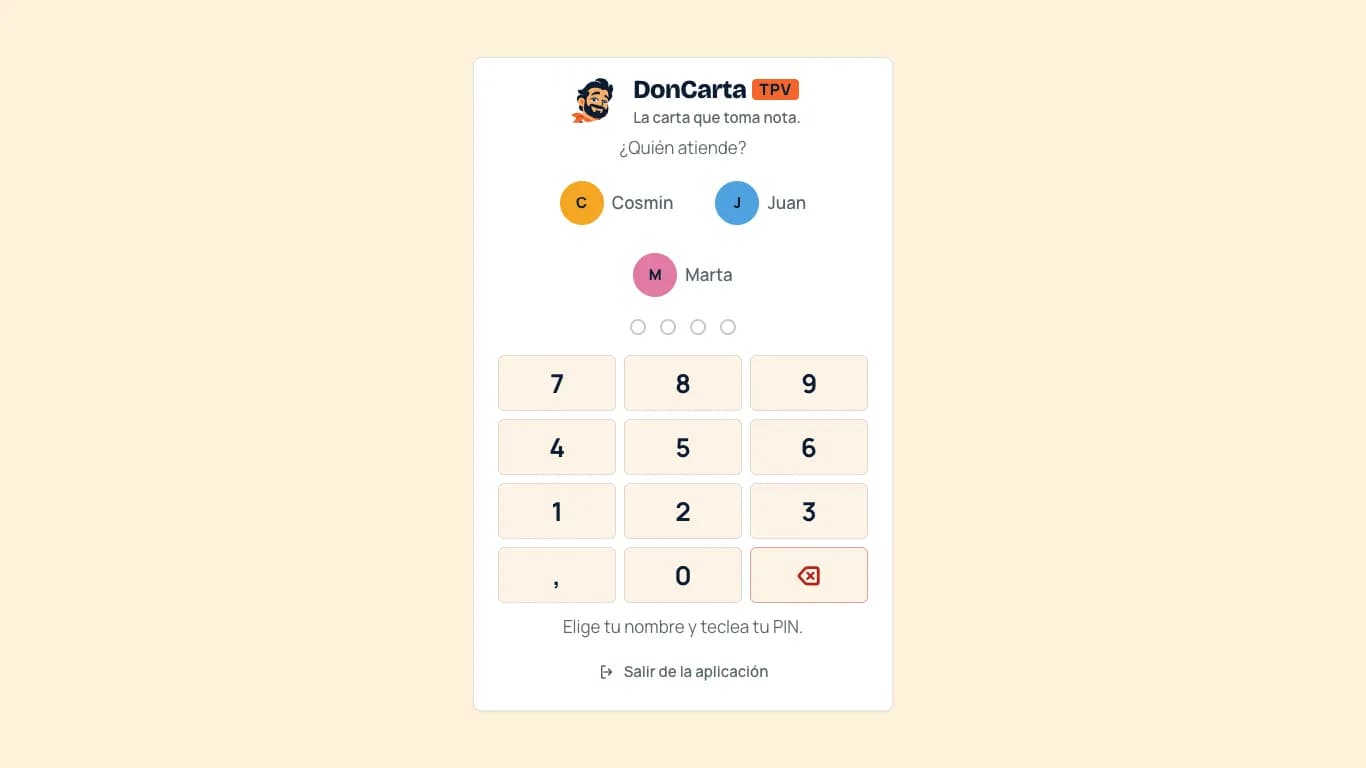 Pantalla de entrada de Don Carta TPV con los empleados y el teclado del PIN