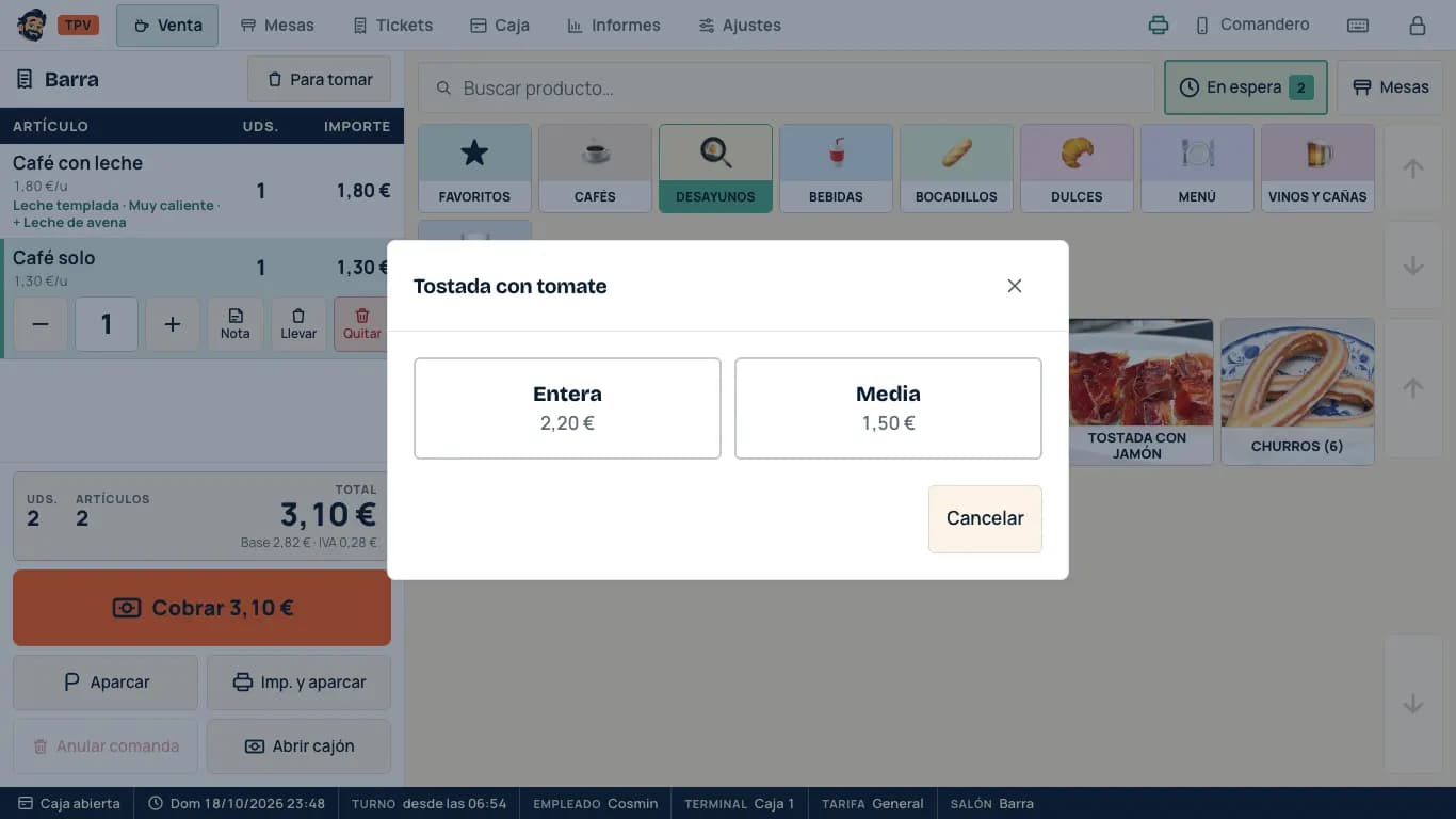 Ventana para elegir tostada entera o media, cada una con su precio