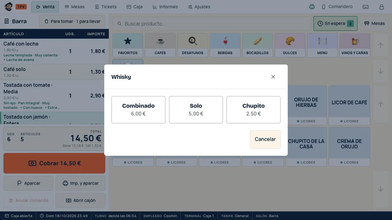 Formatos de una bebida: combinado, solo o chupito