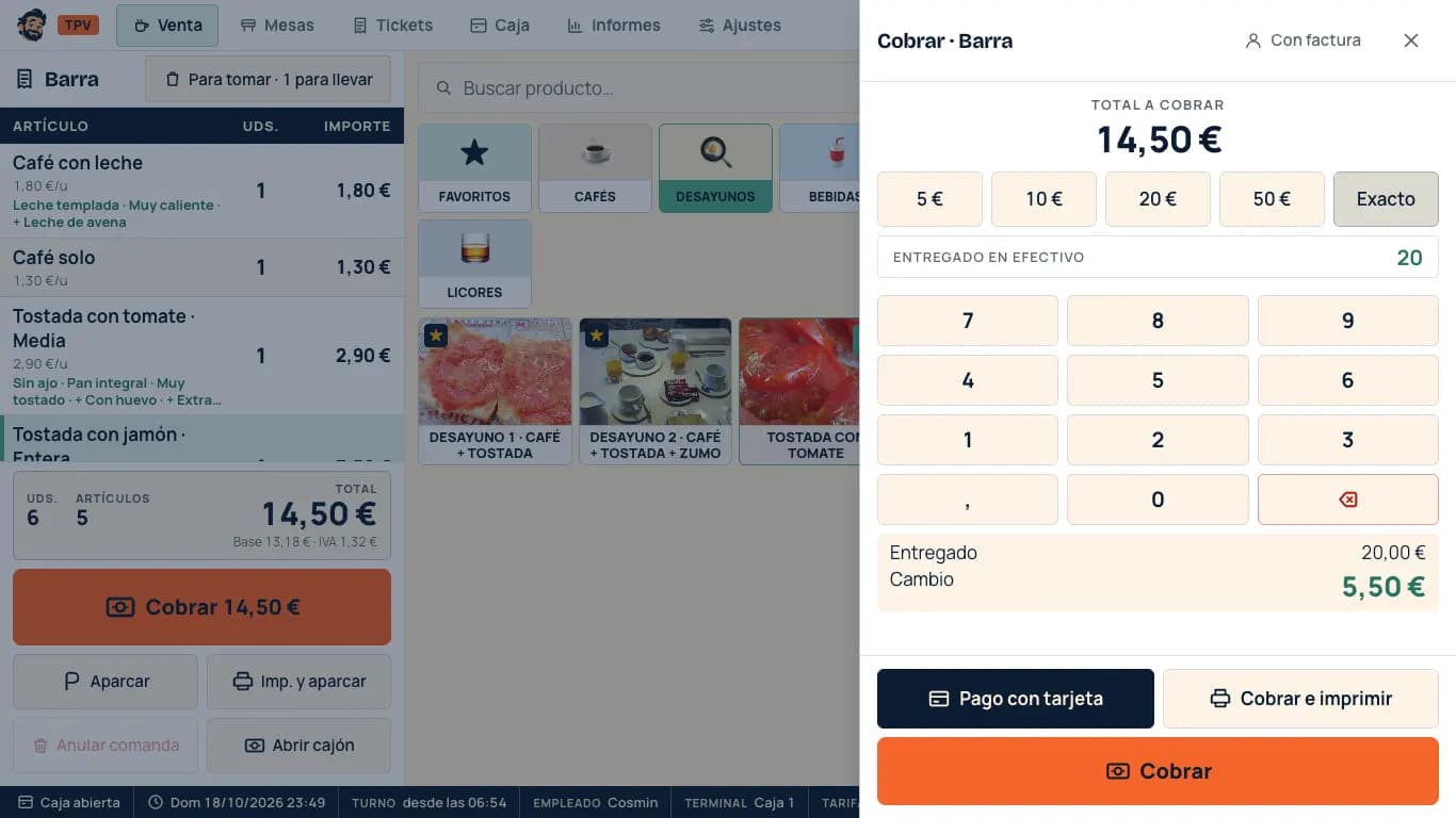 Cobro con un billete de 20 euros y el cambio calculado