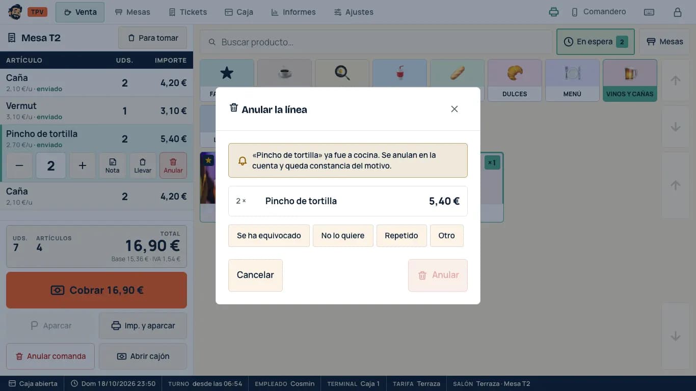 Anular una línea ya enviada a cocina, con su motivo