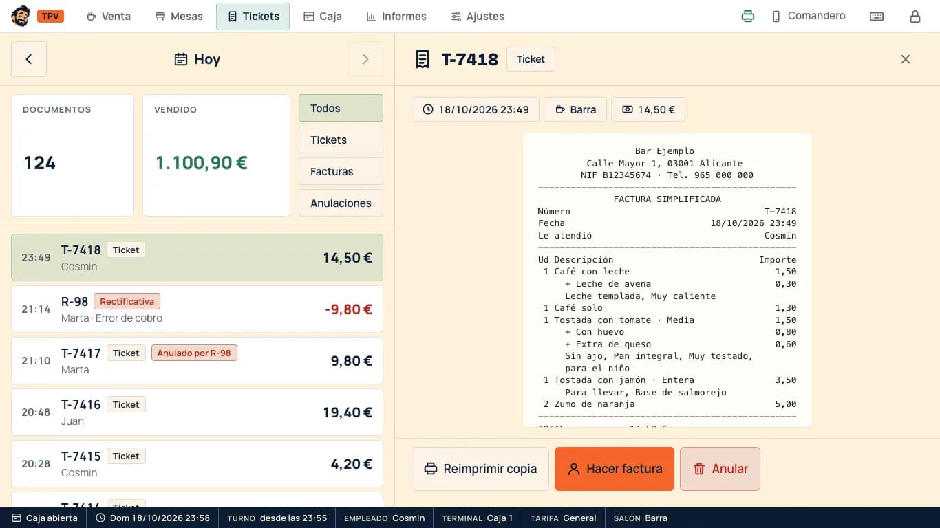 Tickets del día con su copia tal y como se imprimió