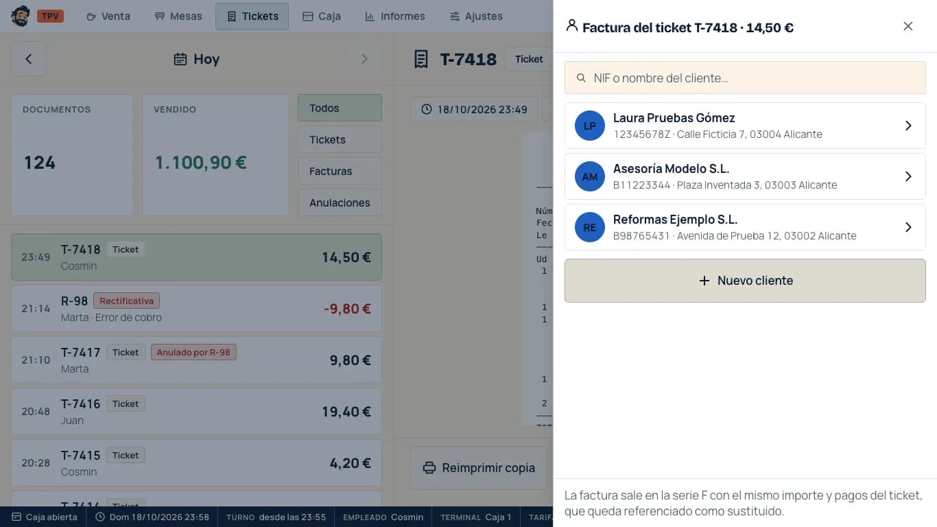 Convertir un ticket en factura con los datos del cliente