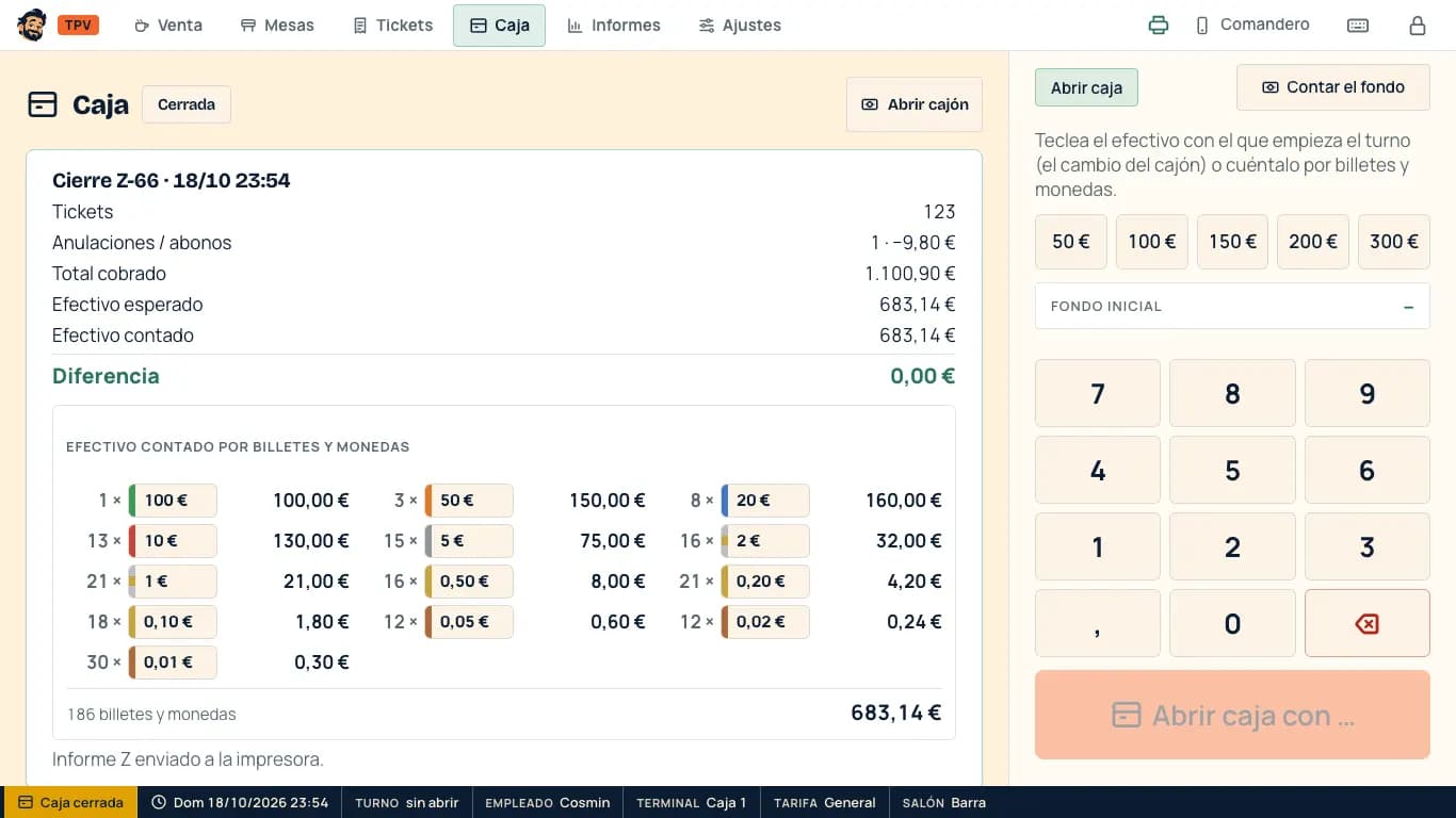 Caja cerrada con el cierre Z y la diferencia calculada