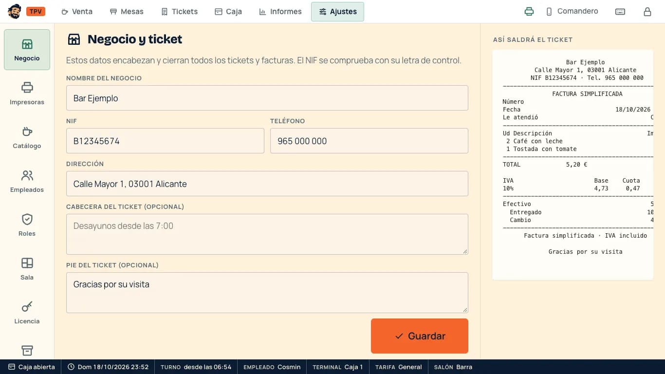 Ajustes del negocio con la vista previa del ticket
