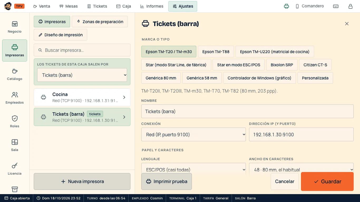 Ajustes de la impresora de tickets