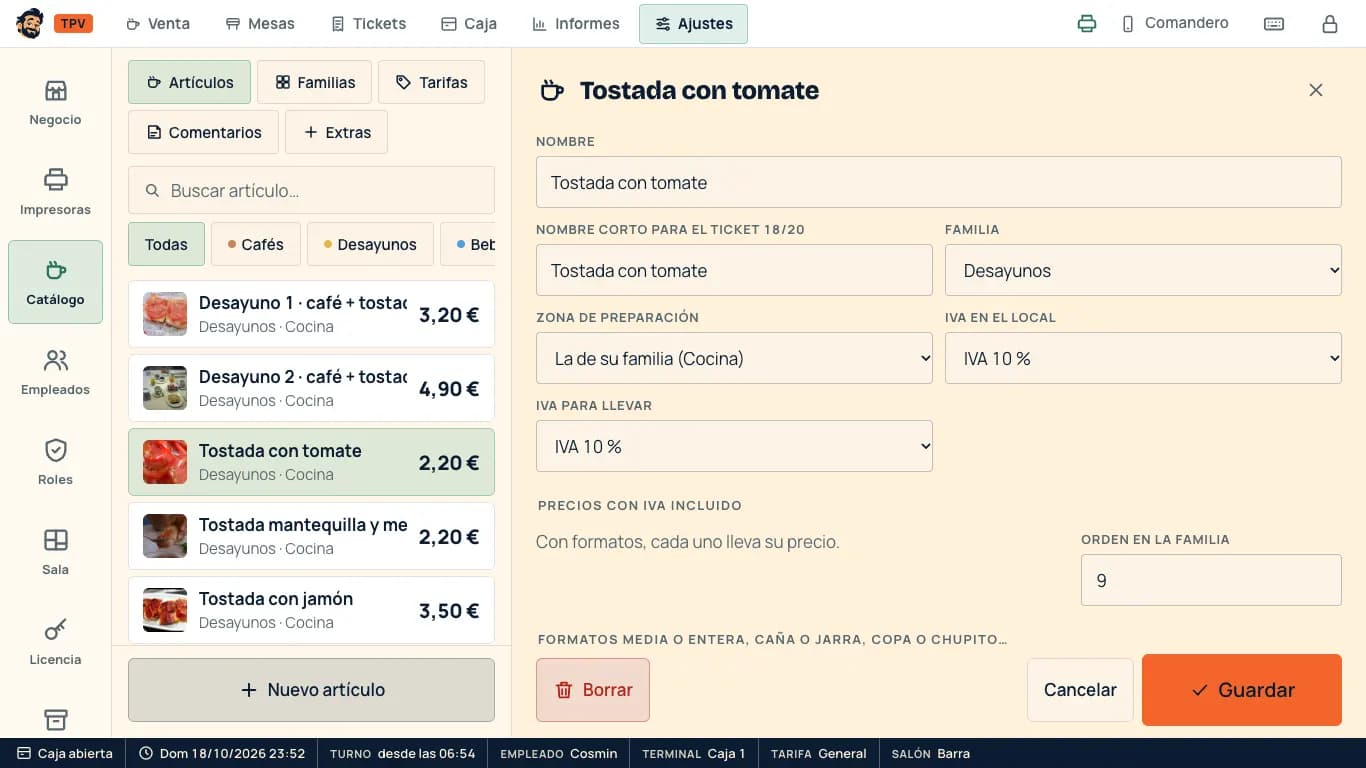 Ficha de un artículo con sus formatos y precios por tarifa