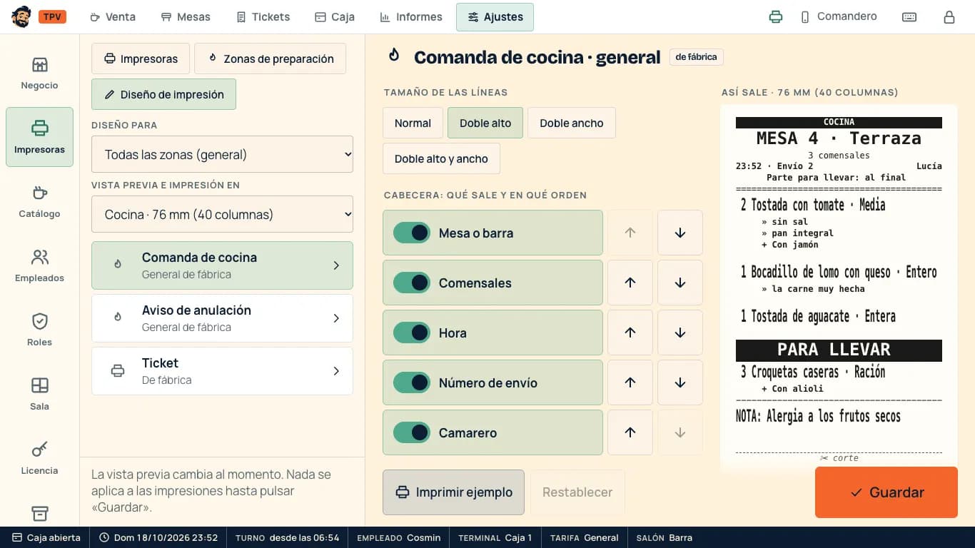 Diseño de la comanda de cocina con vista previa en vivo