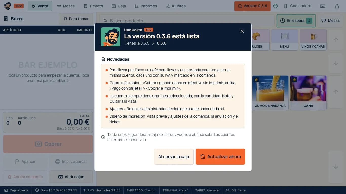 Actualización lista: instalar ahora o al cerrar la caja