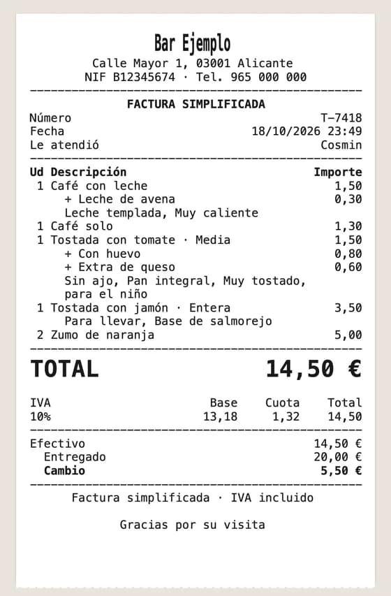 Ticket impreso a 80 mm con extras, una línea para llevar, IVA y cambio