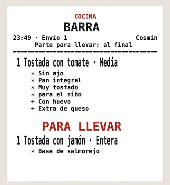 Comanda de cocina impresa con comentarios, extras y el bloque para llevar