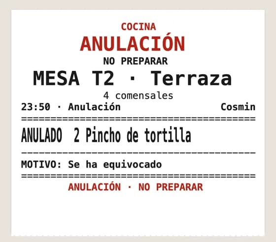Aviso de anulación a cocina: no preparar