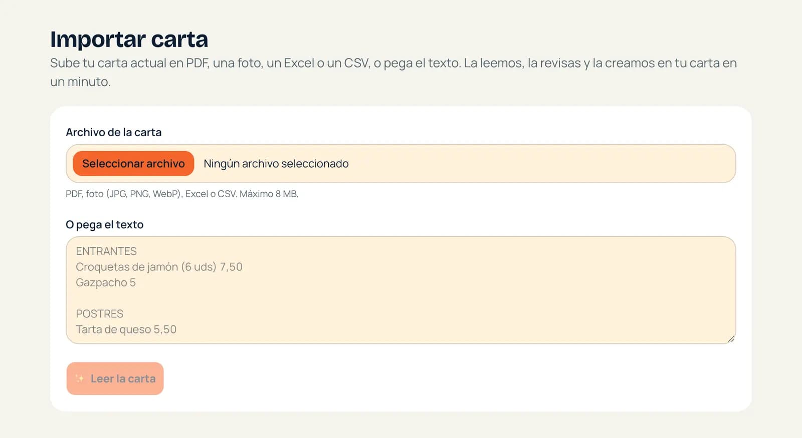 Importar carta: sube el archivo o pega el texto de tu carta